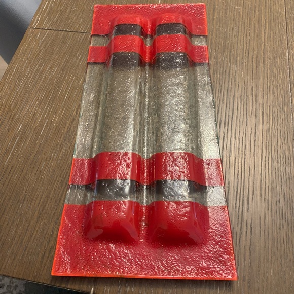 Fused Art Glass Serving Tray Red and Clear Glass w/Textured Bottom - Picture 4 of 7